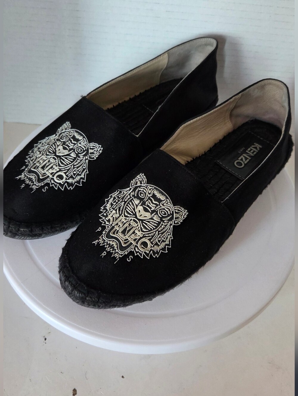 Kenzo Paris Women's Black Suede Tiger Motif Espadrille Flats Size 6 5 Or 38